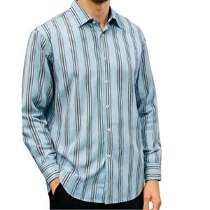 Thomas Dean 3XLT Long Sleeve Vertical Stripe Dress Shirt Blue Brown Teal Cotton